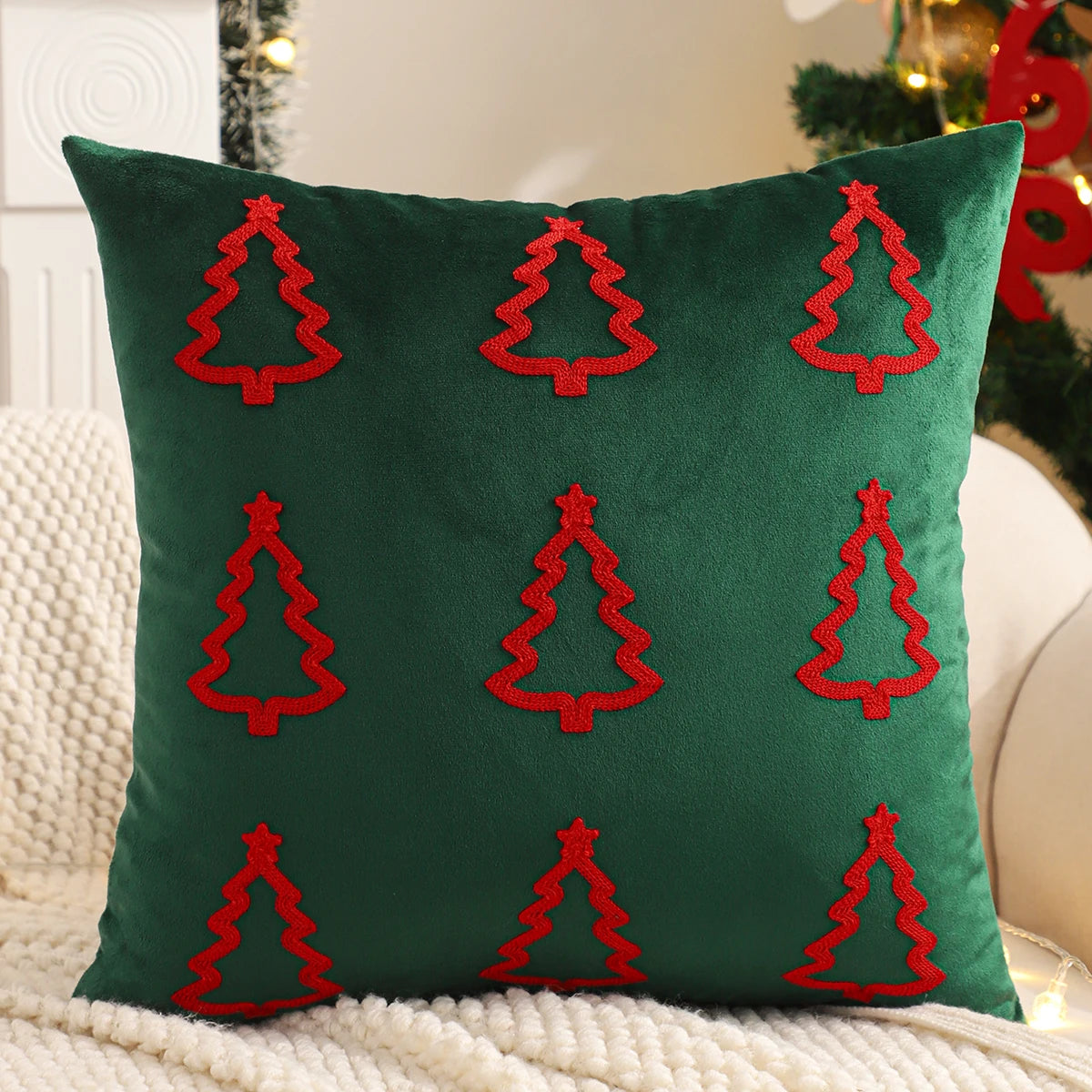 Funda de almohada bordada, decoración navideña, terciopelo suave, árbol de Navidad, copo de nieve, granja de invierno, hogar,