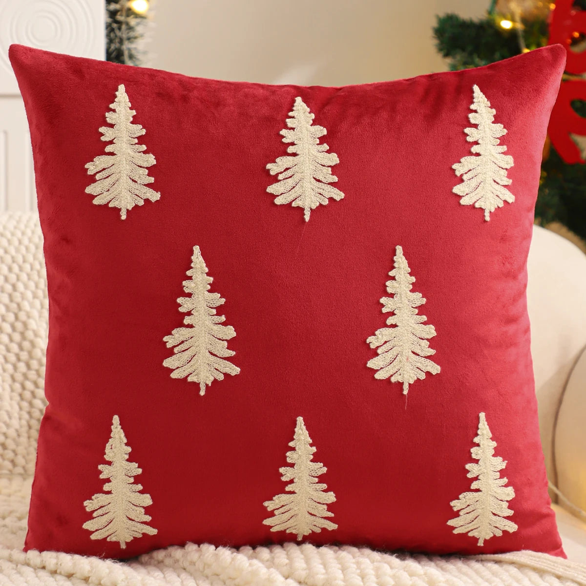 Funda de almohada bordada, decoración navideña, terciopelo suave, árbol de Navidad, copo de nieve, granja de invierno, hogar,